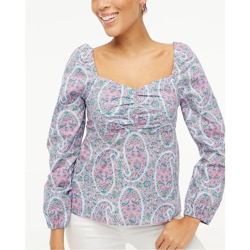 J. Crew Paisley Sweetheart Neckline Long Sleeve Top Glazed Sky Multi Sz 14